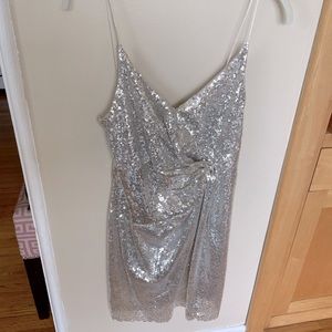 Zara Sequin Mini Dress Silver Size Small Vneck Strappy Lined Sparkle Twist Front